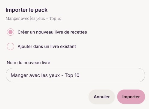 Dialogue d'importation d'un pack